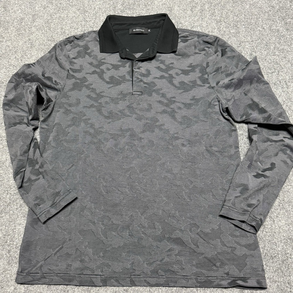 Bugatchi Polo Shirt Mens M Camo Grey Graphite Mercerized Cotton Long Sleeve